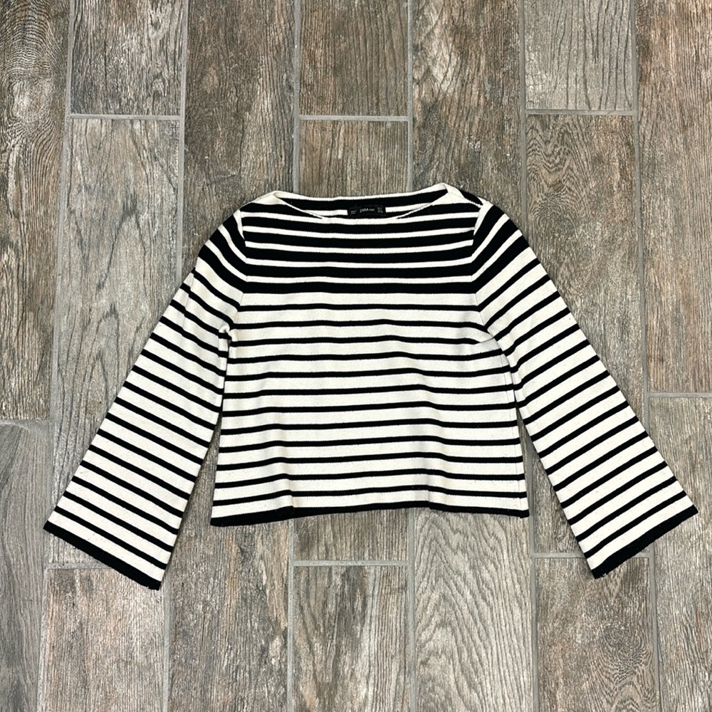 Zara Knit Cropped Stripped Sweater Sz. S Boat Neck